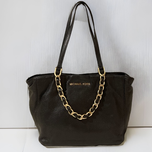 MICHAEL Michael Kors Handbags - Michael Kors Black Leather Tote with Gold Chain Strap